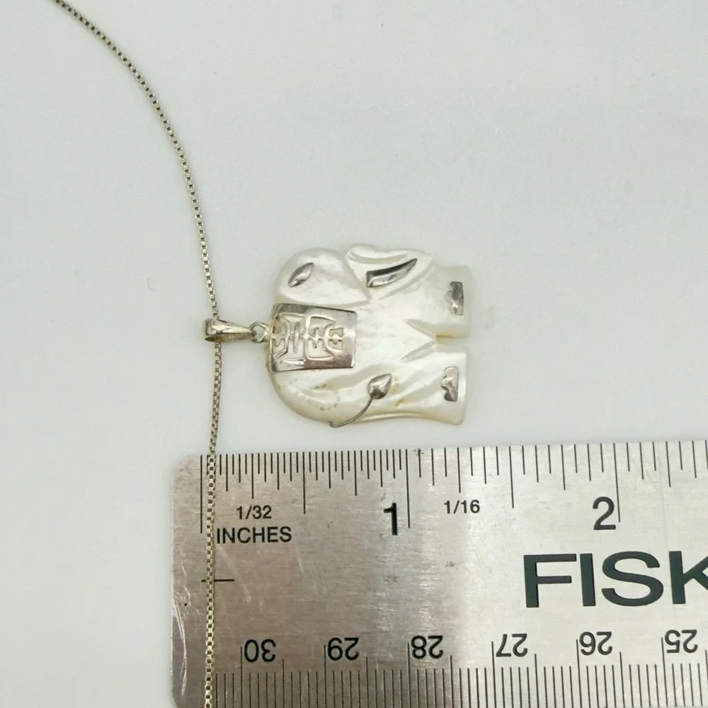 Vtg Mother Of Pearl Sterling Silver Necklace Elephant Chinese Good Luck Pendant